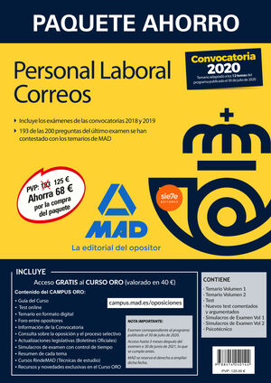 PAQUETE AHORRO PERSONAL LABORAL CORREOS 2020. AHORRA 68  (INCLUYE TEMARIOS 1 Y