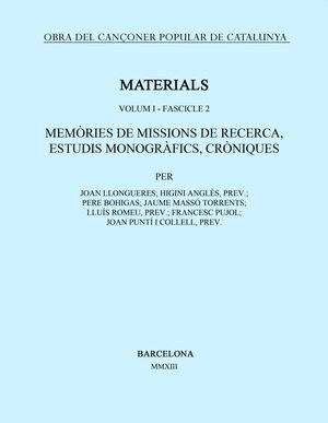 OBRA DEL CANÇONER POPULAR DE CATALUNYA. VOLUM I. - FASCICLE 2. MEMÒRIES DE MISSI